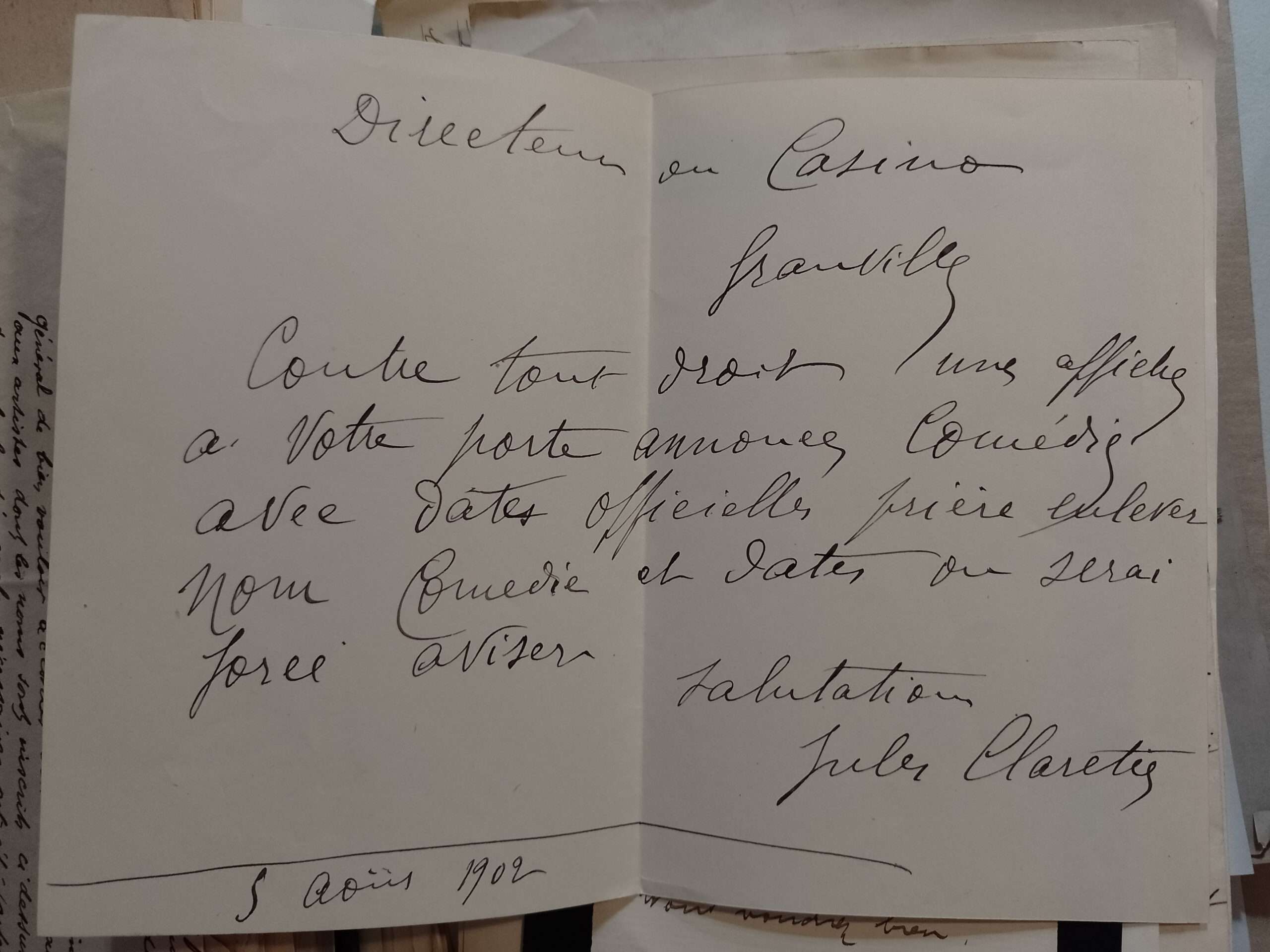 Lettre du directeur de la Comédie Française au directeur du casino de Granville